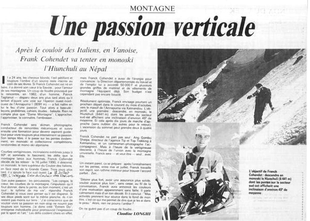 Franck Cohendet ⋅ Potentiel Illimité Transcendant - "Ma Voie et ses Trajectoires de Vie(s)" - https://potentielillimite.net - Photo : Franck Cohendet ⋅ Monoski Extrême - Face Nord de la Grande Casse, Vanoise, Savoie, 1992 ⋅ Article de Claudine Longhi dans le Dauphiné Libéré du Dimanche.